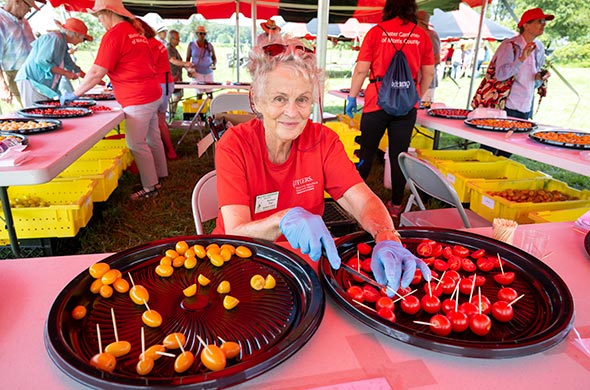 A person cutting up tomatoes for tasting.