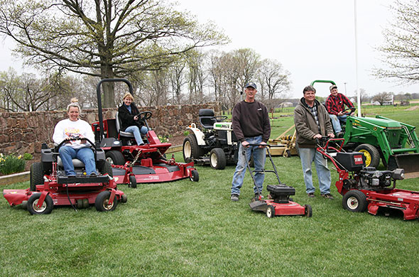 A variety of lawn mowers on display.