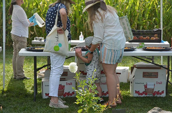 Two adults and a small child face the fruit tasting display featuring apples and peaches.